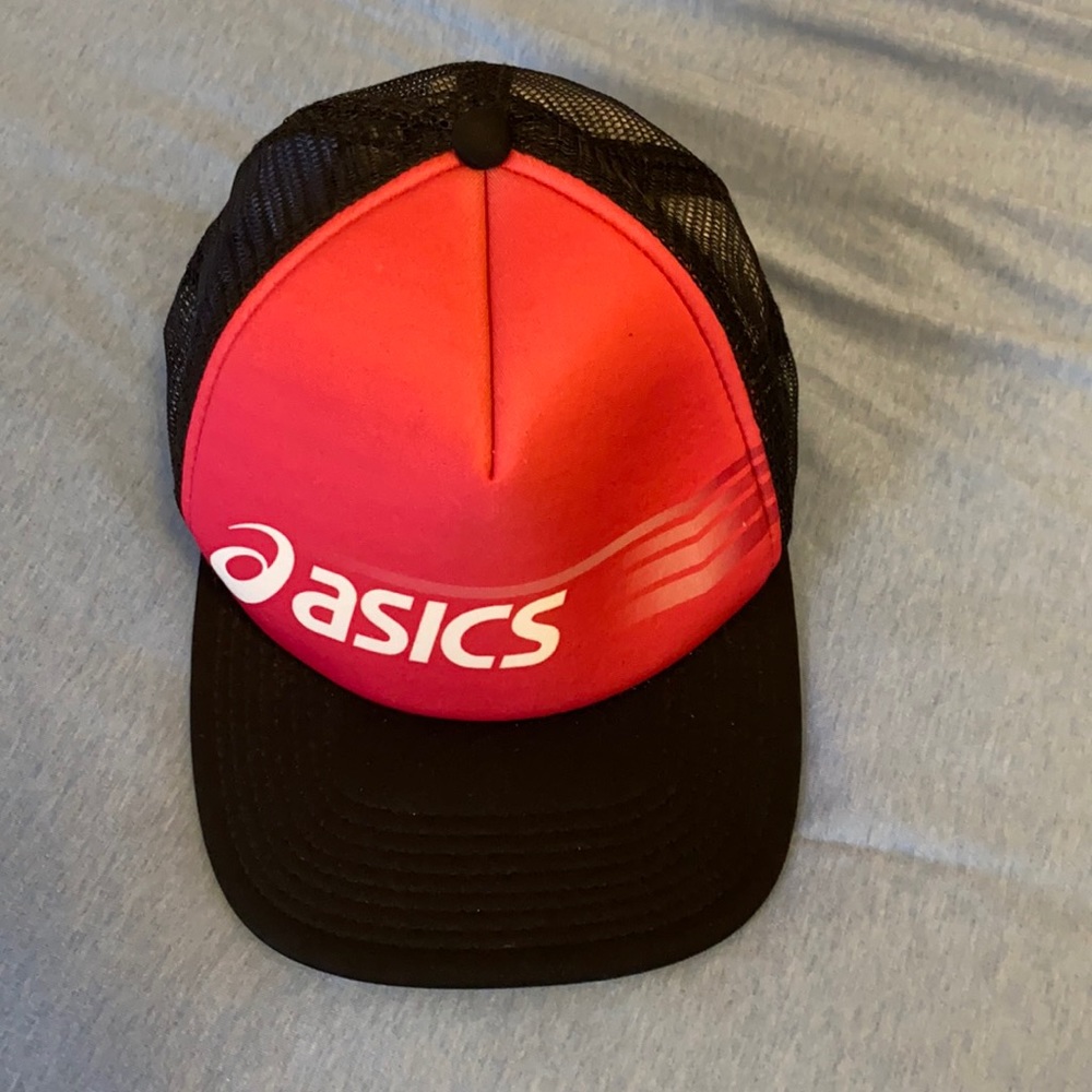 Pink ASICS runners trucker hat